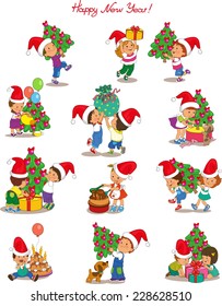 Vector. Cartoon cute children wearing Santa Claus in preparing for the holiday Christmas and New Year. Isolated objects.