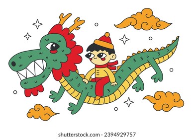 Vector cartoon cute chinese dragon zodiac fly with boy chinese new year