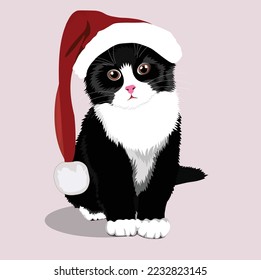 Vector cartoon cute Christmas cat. black and white color cat with Christmas hat
