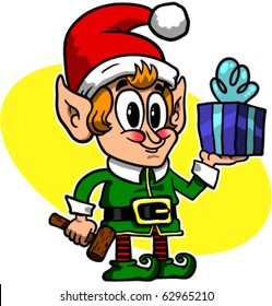 Vector cartoon of a cute Christmas elf holding a present.