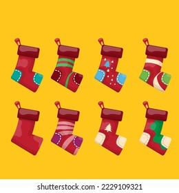 vector cartoon cute christmas socks with color ornament isolated on orange background. Merry Christmas vector greeting card, background, banner and poster with socks and stockings