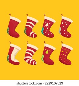 vector cartoon cute christmas socks with color ornament isolated on orange background. Merry Christmas vector greeting card, background, banner and poster with socks and stockings