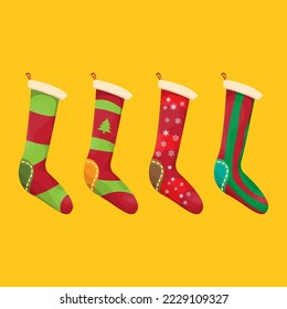 vector cartoon cute christmas socks with color ornament isolated on orange background. Merry Christmas vector greeting card, background, banner and poster with socks and stockings