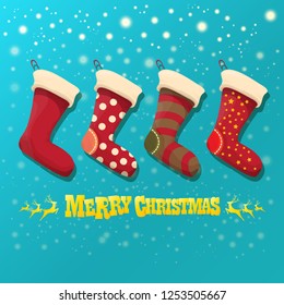 vector cartoon cute christmas stocking or socks with color ornament isolated on azure background wit snowflakes. Merry Christmas vector greeting card or background with cartoon greeting text