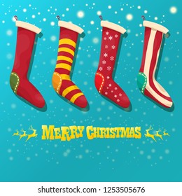 vector cartoon cute christmas stocking or socks with color ornament isolated on azure background wit snowflakes. Merry Christmas vector greeting card or background with cartoon greeting text