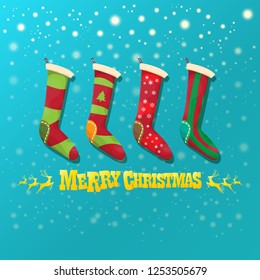 vector cartoon cute christmas stocking or socks with color ornament isolated on azure background wit snowflakes. Merry Christmas vector greeting card or background with cartoon greeting text