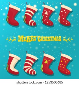 vector cartoon cute christmas stocking or socks with color ornament isolated on azure background wit snowflakes. Merry Christmas vector greeting card or background with cartoon greeting text