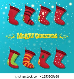vector cartoon cute christmas stocking or socks with color ornament isolated on azure background wit snowflakes. Merry Christmas vector greeting card or background with cartoon greeting text