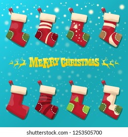 vector cartoon cute christmas stocking or socks with color ornament isolated on azure background wit snowflakes. Merry Christmas vector greeting card or background with cartoon greeting text