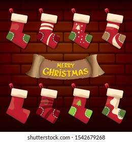 vector cartoon cute christmas stocking or socks with color ornament isolated on brick wall background. Merry Christmas vector greeting card or background with calligraphic text on old vintage wall