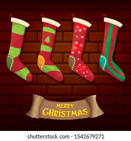 vector cartoon cute christmas stocking or socks with color ornament isolated on brick wall background. Merry Christmas vector greeting card or background with calligraphic text on old vintage wall