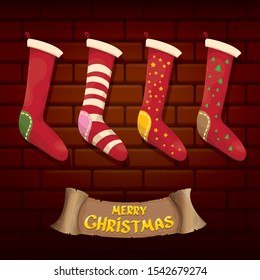 vector cartoon cute christmas stocking or socks with color ornament isolated on brick wall background. Merry Christmas vector greeting card or background with calligraphic text on old vintage wall