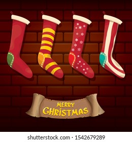 vector cartoon cute christmas stocking or socks with color ornament isolated on brick wall background. Merry Christmas vector greeting card or background with calligraphic text on old vintage wall