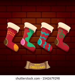 vector cartoon cute christmas stocking or socks with color ornament isolated on brick wall background. Merry Christmas vector greeting card or background with calligraphic text on old vintage wall