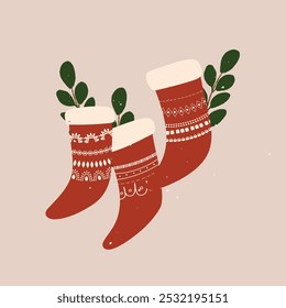 Vector cartoon cute Christmas stocking with white ornament. Red decorated Christmas socks.