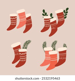 Vector cartoon cute Christmas stocking with white ornament. Set of red decorated Christmas socks.