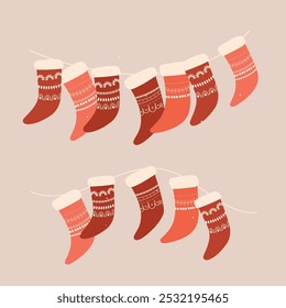 Vector cartoon cute Christmas stocking with white ornament. Set of red decorated Christmas socks.