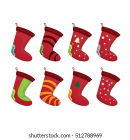 vector cartoon cute christmas stocking with color ornament isolated on white. vector christmas socks set 
