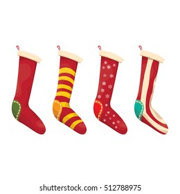 vector cartoon cute christmas stocking with color ornament isolated on white. vector christmas socks set 
