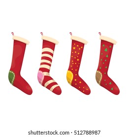 vector cartoon cute christmas stocking with color ornament isolated on white. vector christmas socks set 