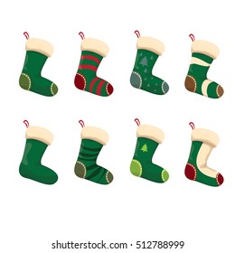 vector cartoon cute christmas stocking with color ornament isolated on white. vector christmas socks set 