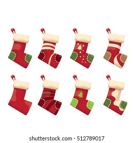 vector cartoon cute christmas stocking with color ornament isolated on white. vector christmas socks set 