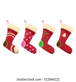 vector cartoon cute christmas stocking with color ornament isolated on white. vector christmas socks set 