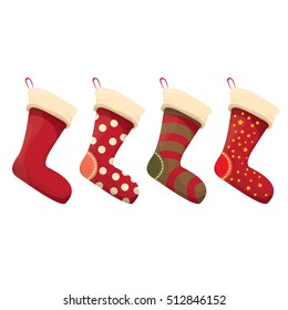 vector cartoon cute christmas stocking with color ornament isolated on white. vector christmas socks set 