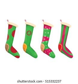vector cartoon cute christmas stocking with color ornament isolated on white. vector christmas socks set