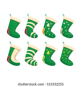 vector cartoon cute christmas stocking with color ornament isolated on white. vector christmas socks set