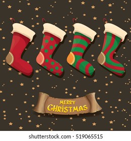 vector cartoon cute christmas stocking or socks with color ornament. Merry Christmas vector greeting card or background with christmas lights and calligraphic text on old vintage paper ribbon.