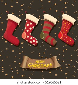 vector cartoon cute christmas stocking or socks with color ornament. Merry Christmas vector greeting card or background with christmas lights and calligraphic text on old vintage paper ribbon.