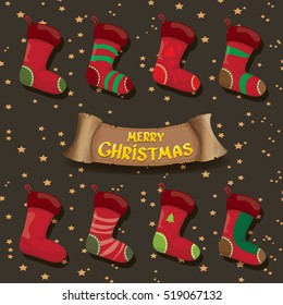 vector cartoon cute christmas stocking or socks with color ornament. Merry Christmas vector greeting card or background with christmas lights and calligraphic text on old vintage paper ribbon.