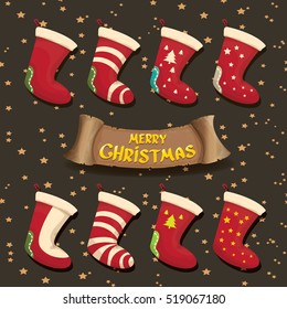 vector cartoon cute christmas stocking or socks with color ornament. Merry Christmas vector greeting card or background with christmas lights and calligraphic text on old vintage paper ribbon.