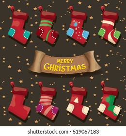 vector cartoon cute christmas stocking or socks with color ornament. Merry Christmas vector greeting card or background with christmas lights and calligraphic text on old vintage paper ribbon.