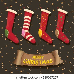 vector cartoon cute christmas stocking or socks with color ornament. Merry Christmas vector greeting card or background with christmas lights and calligraphic text on old vintage paper ribbon.