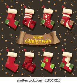 vector cartoon cute christmas stocking or socks with color ornament. Merry Christmas vector greeting card or background with christmas lights and calligraphic text on old vintage paper ribbon.