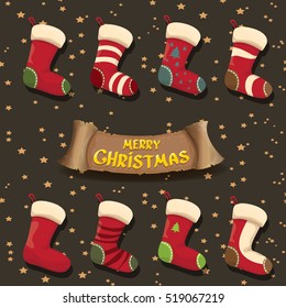 vector cartoon cute christmas stocking or socks with color ornament. Merry Christmas vector greeting card or background with christmas lights and calligraphic text on old vintage paper ribbon.