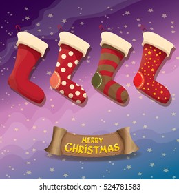 vector cartoon cute christmas stocking or socks with color ornament. Merry Christmas vector greeting card or background with christmas lights and calligraphic text on old vintage paper ribbon.