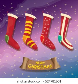 vector cartoon cute christmas stocking or socks with color ornament. Merry Christmas vector greeting card or background with christmas lights and calligraphic text on old vintage paper ribbon.