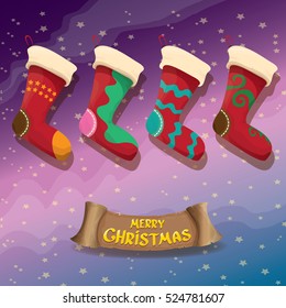 vector cartoon cute christmas stocking or socks with color ornament. Merry Christmas vector greeting card or background with christmas lights and calligraphic text on old vintage paper ribbon.