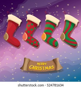 vector cartoon cute christmas stocking or socks with color ornament. Merry Christmas vector greeting card or background with christmas lights and calligraphic text on old vintage paper ribbon.