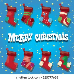vector cartoon cute christmas stocking or socks with color ornament. Merry Christmas vector greeting card or background with christmas lights and cartoon funny text Merry Christmas