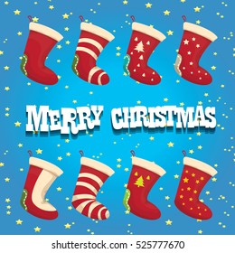 vector cartoon cute christmas stocking or socks with color ornament. Merry Christmas vector greeting card or background with christmas lights and cartoon funny text Merry Christmas
