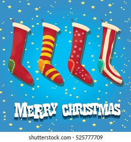 vector cartoon cute christmas stocking or socks with color ornament. Merry Christmas vector greeting card or background with christmas lights and cartoon funny text Merry Christmas