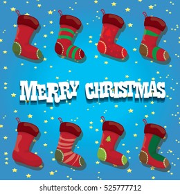vector cartoon cute christmas stocking or socks with color ornament. Merry Christmas vector greeting card or background with christmas lights and cartoon funny text Merry Christmas