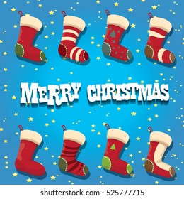 vector cartoon cute christmas stocking or socks with color ornament. Merry Christmas vector greeting card or background with christmas lights and cartoon funny text Merry Christmas