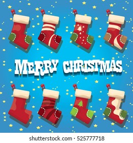 vector cartoon cute christmas stocking or socks with color ornament. Merry Christmas vector greeting card or background with christmas lights and cartoon funny text Merry Christmas
