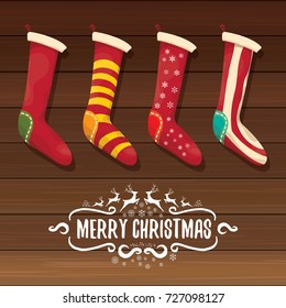 vector cartoon cute christmas stocking or socks with color ornament. Merry Christmas vector greeting card or background with calligraphic text on old vintage wooden background