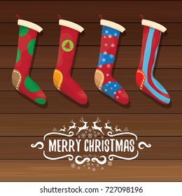 vector cartoon cute christmas stocking or socks with color ornament. Merry Christmas vector greeting card or background with calligraphic text on old vintage wooden background